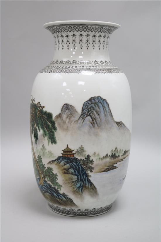 A Chinese enamelled porcelain landscape vase, 32.5cm